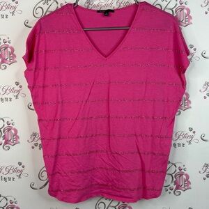 Chaus tshirt rhinestone striped crystal diamond Fuchsia V-Neck Short Sleeve Top
